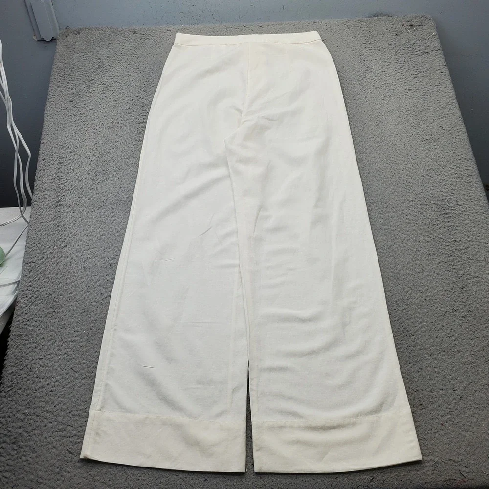 H&M Wide Leg Pants Womens 8 White Linen Blend Melange Flowy Chic Mid Rise